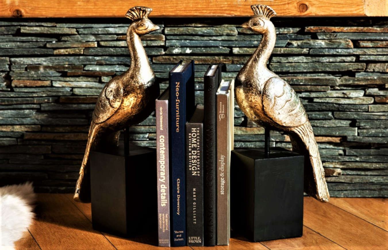 Luxury bookend decor on a shelf in a living room.