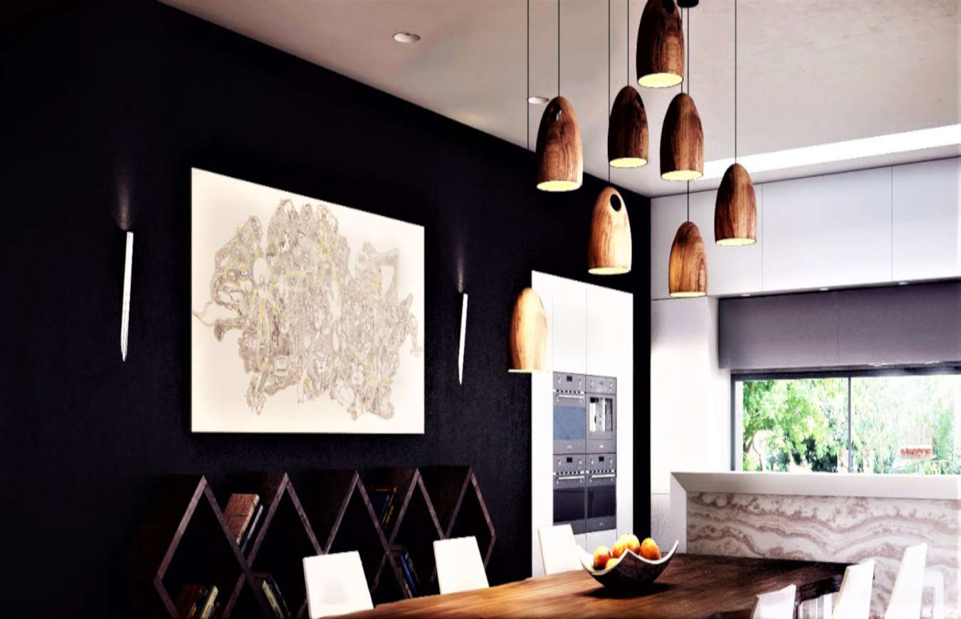 Ceiling lights and pendant lights in a living room decor.