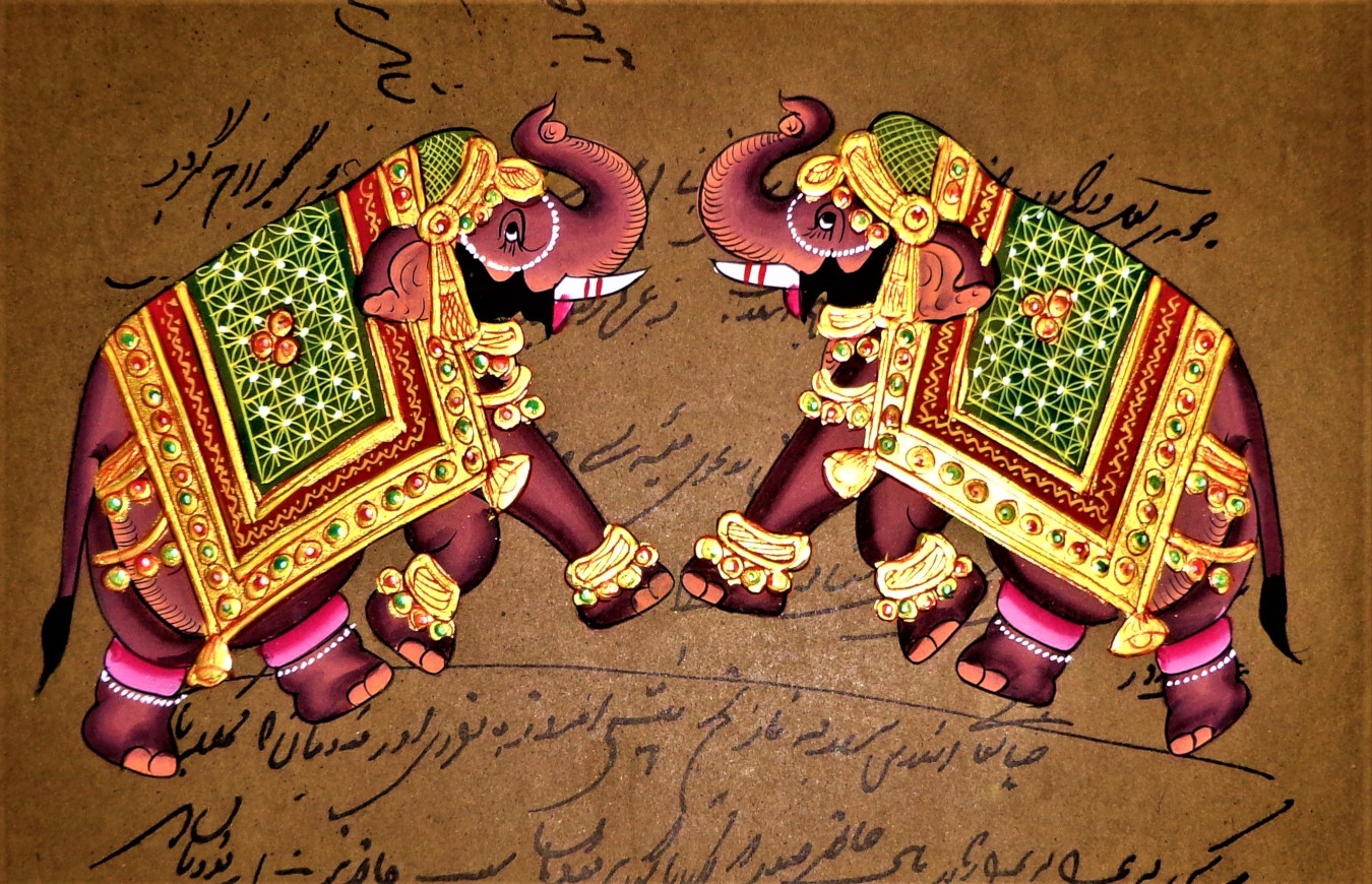 Stamp paper painting of elephant in Rajasthani painting style.